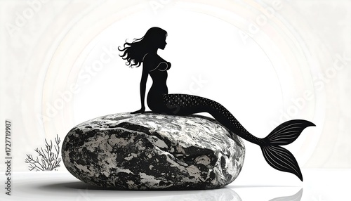 Mermaid silhouette sits on a gray rock, with a bright, light background