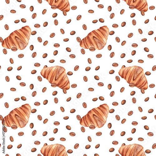 Seamless hand-drawn watercolor pattern with fresh croissants and coffee beans scattered on white background