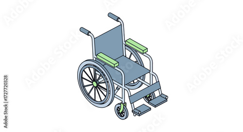 A blue and gray manual wheelchair with large rear wheels and smaller front casters.