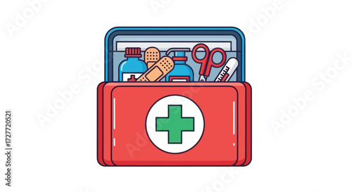 Red First Aid Kit with Green Cross and Medical Supplies Inside.
