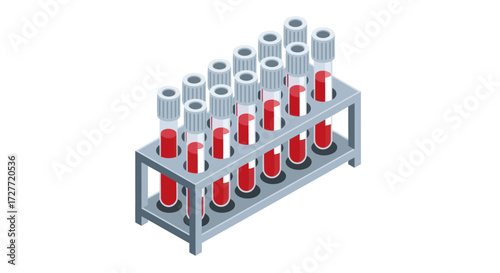Rack of Blood Sample Test Tubes with Red Liquid.