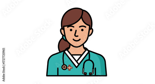 Cartoon Female Nurse Doctor in Green Scrubs with Stethoscope.