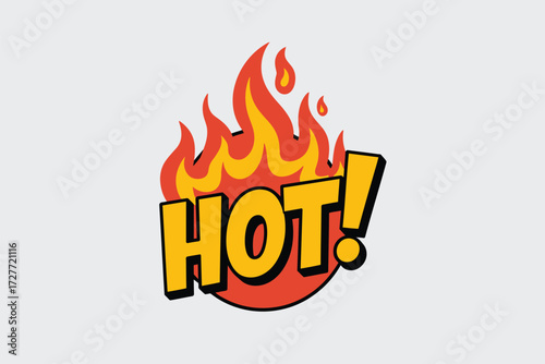 Stylized cartoon logo design featuring bold 'hot!' text and fiery flames vector
