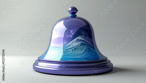 Polished blue glass bell cloche with swirling blue-white waves inside sits on a white surface