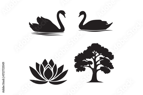 Four black silhouette icons swans lotus flower and tree