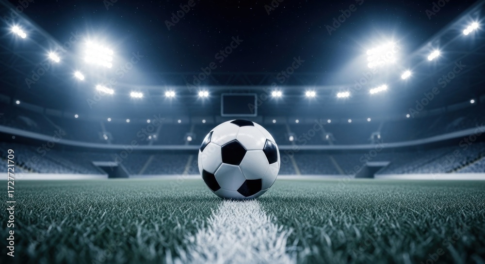 Obraz premium A soccer ball rests on the field of a stadium, illuminated by bright lights.