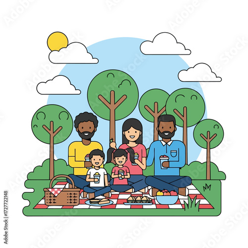 Happy multi-ethnic family enjoying a delightful picnic in a lush park setting, sharing food and drinks under the warm sun.