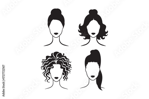 Four diverse female hairstyles illustrated in black and white