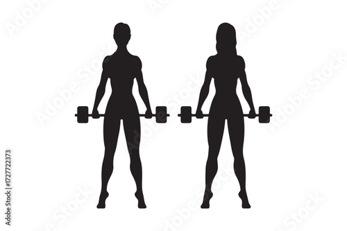Silhouettes of a man and woman holding barbells for weightlifting