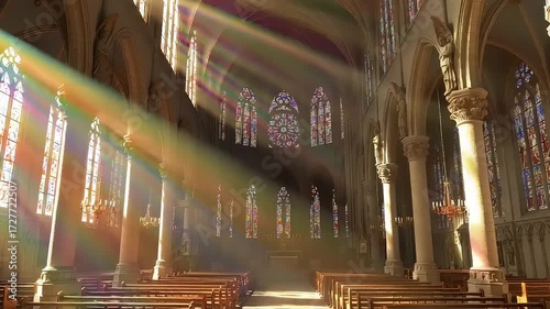 Sunlight Streaming Through Gothic Cathedral Stained Glass Windows During Daytime Interior View