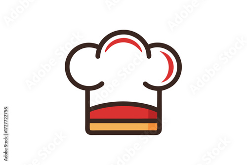 A brown and red chef hat displays a stylized design over the white surface