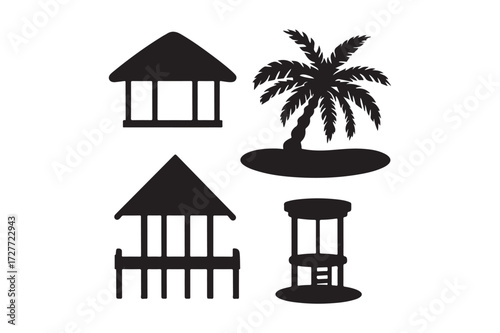 Tropical silhouette icons of hut palm tree and gazebo