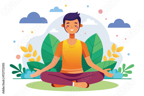 Smiling Asian boy with closed eyes practices yoga outdoors in a crosslegged position
