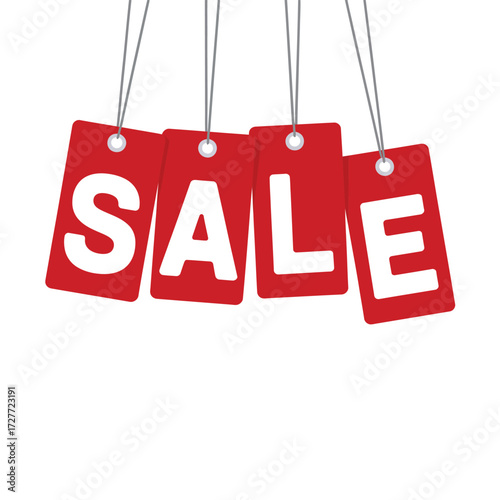Modern minimalist vector illustration of hanging red sale tags ideal for retail promotions vector