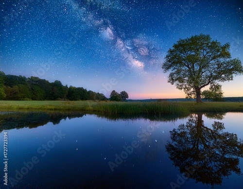 Beautiful view of meadow and amazing trees reflected on the blue water surface somewhere in a rural area High quality photography starlight night starry sky 