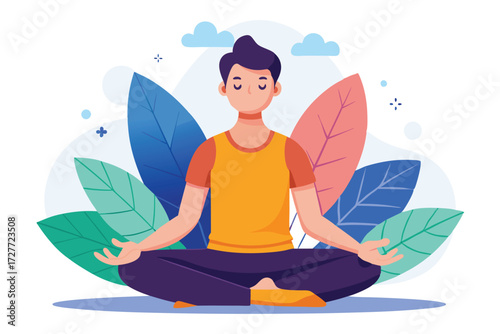 Young Asian man meditates in lotus position amidst colorful leaves and gentle clouds