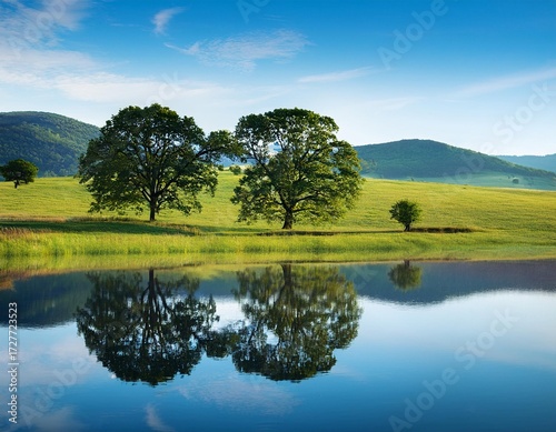 Beautiful view of prairie and amazing trees reflected on the blue water surface somewhere in a rural area; magical scenery during summer, panorama 