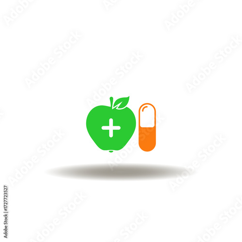 Vector illustration of apple and pill capsule. Symbol of natural drug and food therapy. Icon of vegetables medication and nutrition diet.