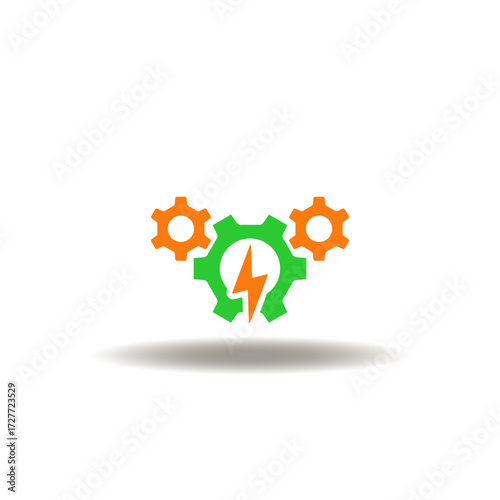 Vector illustration of gears and flash lightning. Symbol of green eco energy generation. Icon of ecological power production.
