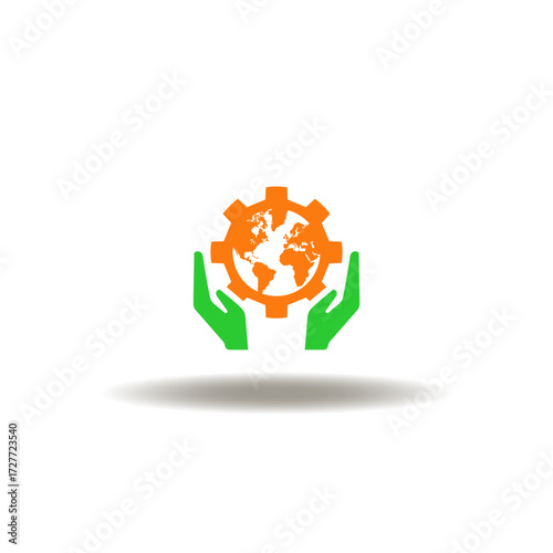 Vector illustration of hands hold a gear with earth planet. Icon of ecology ESG. Symbol of green energy generaion. Sign of save the world.