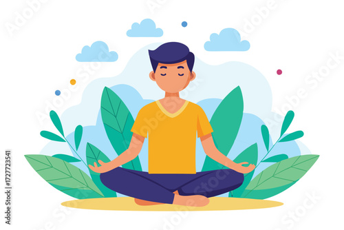 Cartoon Asian man in the lotus position meditates peacefully surrounded by plants and clouds