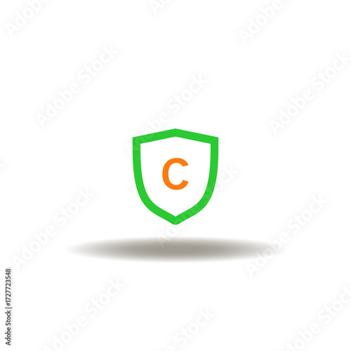 Vector illustration of shield with C letter. Symbol of copyright protection. Icon of patent. Sign of intellectual property protection.