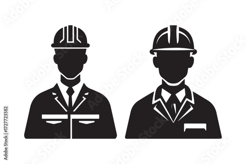 Two silhouetted construction workers in hard hats and suits