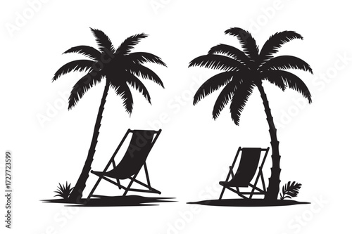 Two silhouette palm trees and beach chairs on a white background