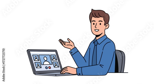 Smiling Man in Blue Shirt on Laptop Video Conference Call.