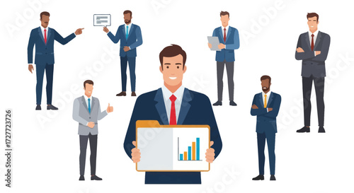 Diverse Businessmen in Formalwear Presenting Data and Ideas.