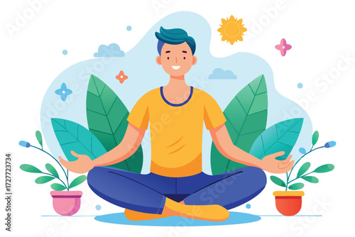Smiling man with blue hair practices yoga pose surrounded by plants and calm nature