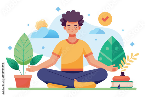 Cartoon man with closed eyes sits cross legged meditating among nature elements