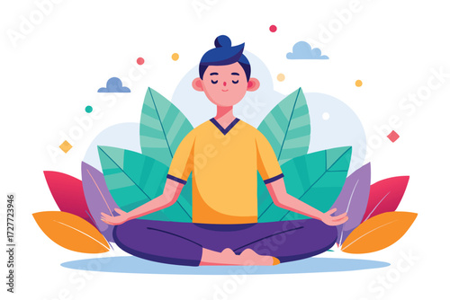 Calm young person meditates with crossed legs surrounded by colorful abstract leaves and clouds