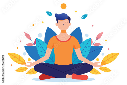 Young brunette man meditates calmly in lotus position surrounded by colorful leaves and dots