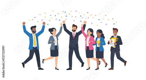 A diverse group of business people celebrating success with confetti and a trophy.