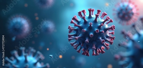Microscopic view shows blue virus particles floating in hazy atmosphere. Pathogens spread airborne contagion in medical science background. Cells mutate creating illness.