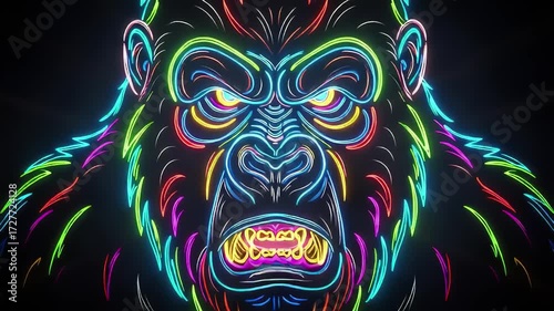 Vivid Neon Illustration of Fierce Roaring Gorilla with Colorful Electric Effects