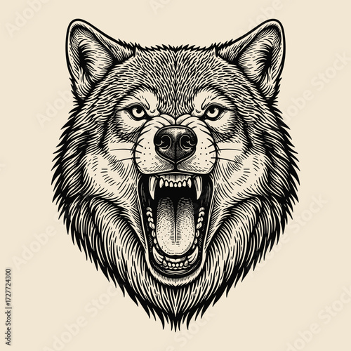 Aggressive wolf head vintage engraving style illustration. Tattoo, logo, and apparel design