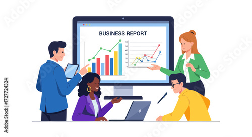 Diverse team analyzing business report charts on a large computer screen.