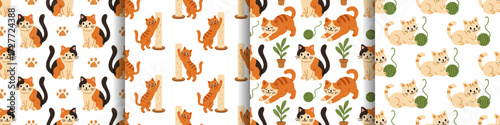 Vector set of kitten seamless patterns. Charming cats for fabric, prints, children designs and pet inspired projects. Collection of cats seamless patterns.