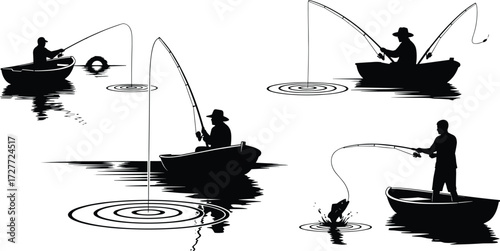 Fishing from boat, lake fishing, fisherman silhouette, catching fish, fishing rod, outdoor recreation, water sport, relaxing activity