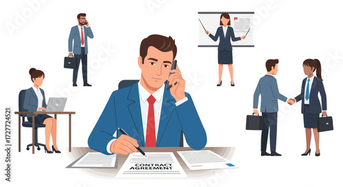 Businessman Signing Documents While on a Phone Call.