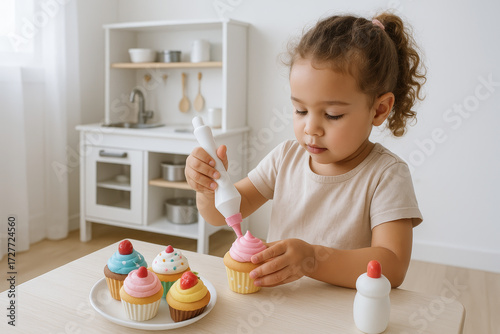 Young child decorating colorful toy cupcakes in kitchen setting. concept of creativity, playful learning, imaginative play
