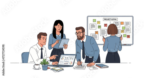 Diverse business team collaborating on project strategy in a meeting.