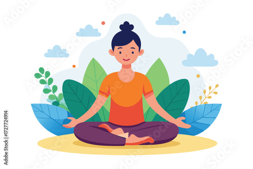 Smiling asian woman meditates in lotus position among nature foliage and blue clouds