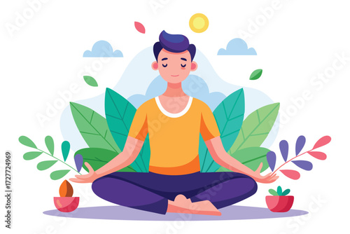 Serene person practices yoga, sitting in the lotus position amidst lush leaves
