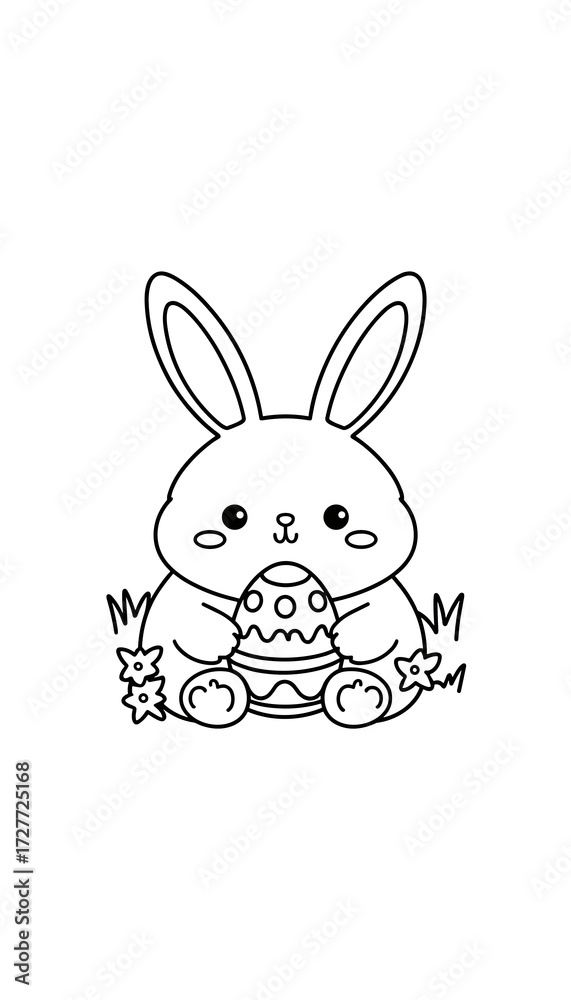 Fototapeta premium Cute bunny holding decorated egg in grass for kids' coloring pages