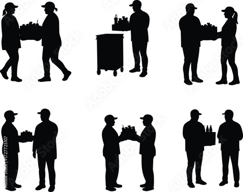 Silhouettes of people carrying boxes, teamwork illustration, donation concept, charity support, humanitarian aid, community service, volunteers