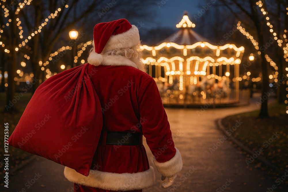 Fototapeta premium Santa claus enjoying festive park with illuminated carousel at night. concept of christmas celebration, holiday magic, seasonal festivity
