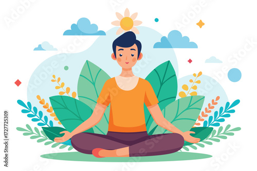 Asian man meditates in lotus position amongst foliage, enjoying nature under sunny skies